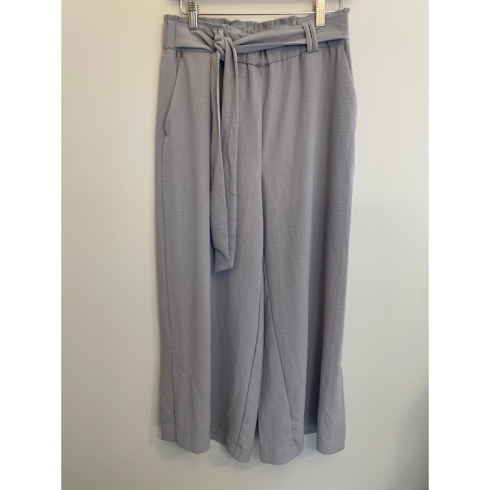 Grey Wide Leg Pants Elastic Waist Cropped Soft Relaxed Silhouette Slit Hem Drape